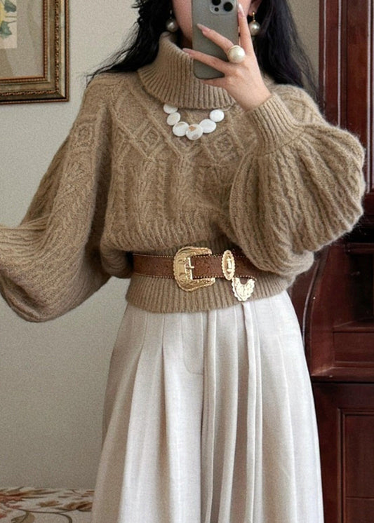 Women Khaki Turtleneck Thick Cable Cotton Knit Sweaters Puff Sleeve