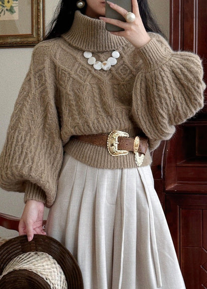 Women Khaki Turtleneck Thick Cable Cotton Knit Sweaters Puff Sleeve