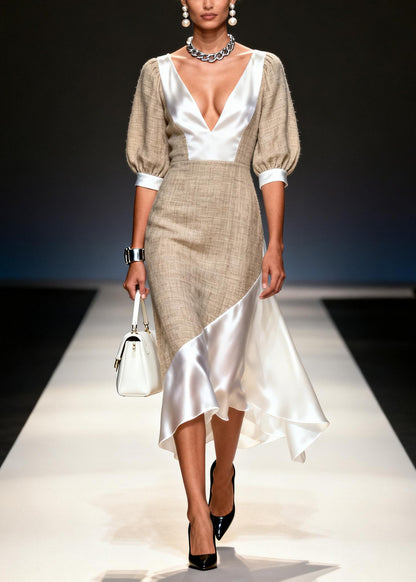 Women Khaki V Neck Asymmetrical Patchwork Linen Silk Dresses Summer
