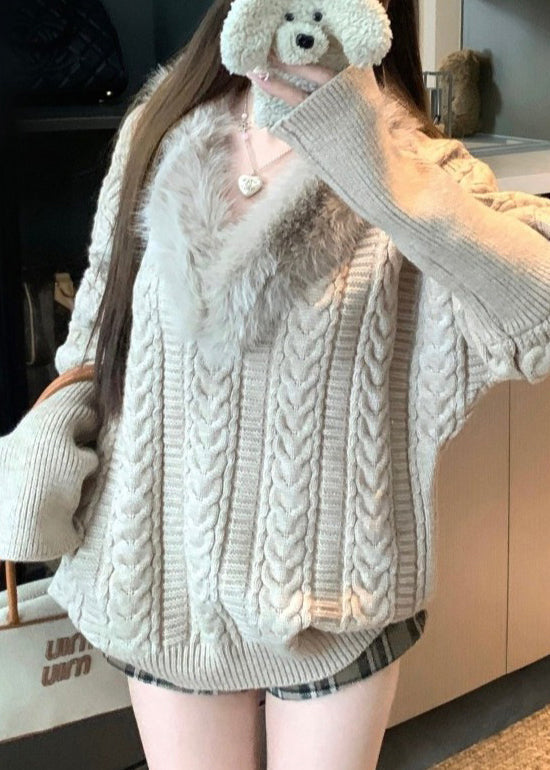 Women Khaki V Neck Fluffy Patchwork Cable Knit Sweaters Winter
