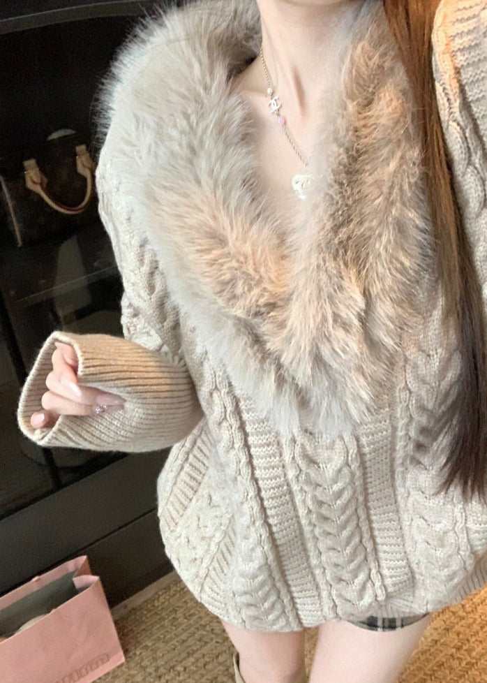 Women Khaki V Neck Fluffy Patchwork Cable Knit Sweaters Winter