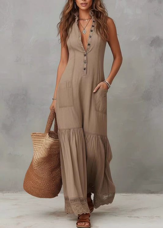 Women Khaki V Neck Lace Pockets Patchwork Cotton Dress Sleeveless