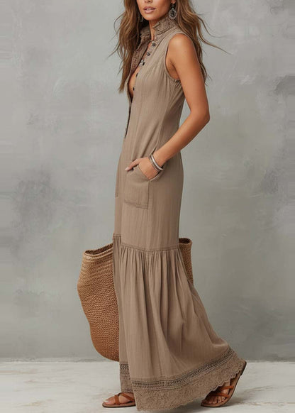 Women Khaki V Neck Lace Pockets Patchwork Cotton Dress Sleeveless