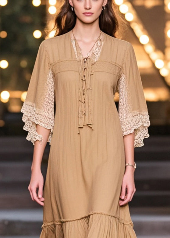 Women Khaki V Neck Patchwork Lace Cotton Robe Dress Summer