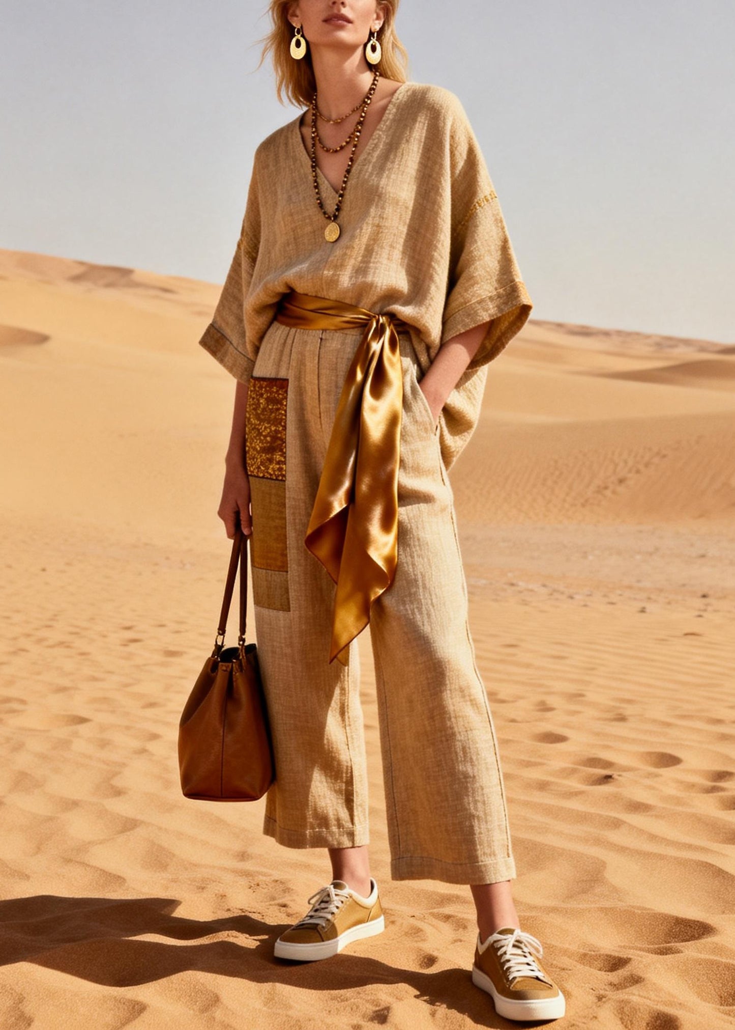 Women Khaki V Neck Pockets Tie Waist Patchwork Linen Jumpsuit Summer