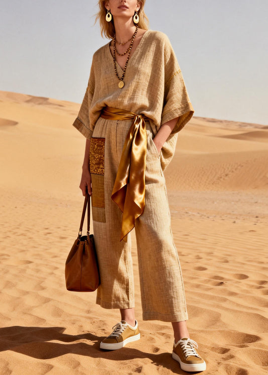 Women Khaki V Neck Pockets Tie Waist Patchwork Linen Jumpsuit Summer
