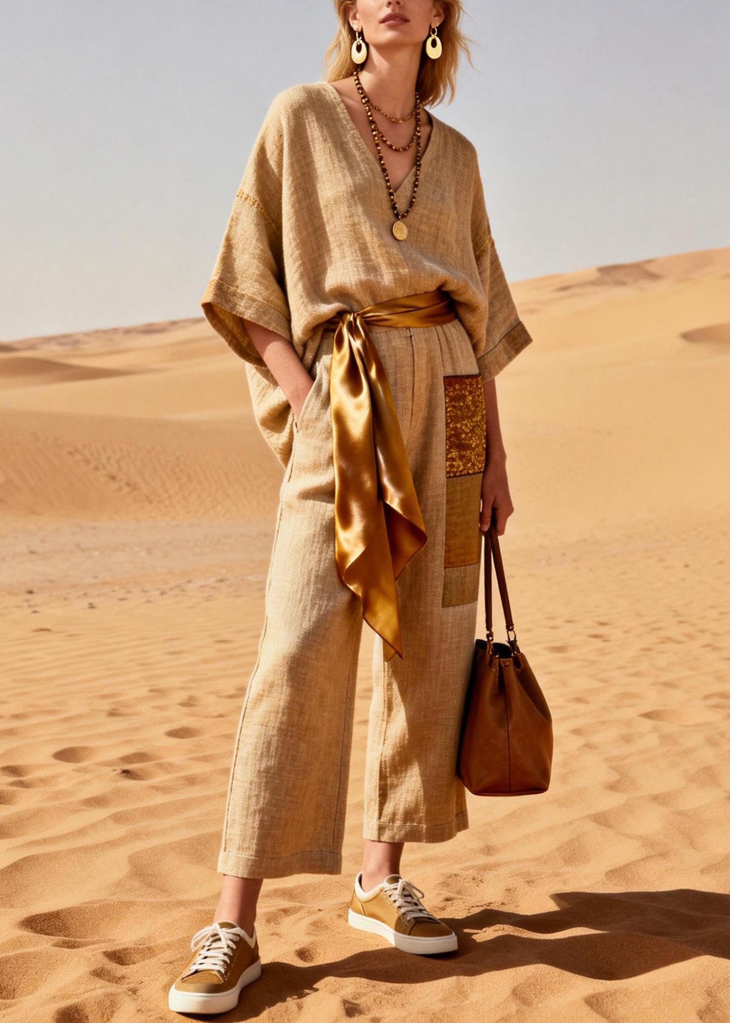 Women Khaki V Neck Pockets Tie Waist Patchwork Linen Jumpsuit Summer