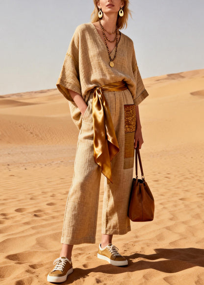 Women Khaki V Neck Pockets Tie Waist Patchwork Linen Jumpsuit Summer