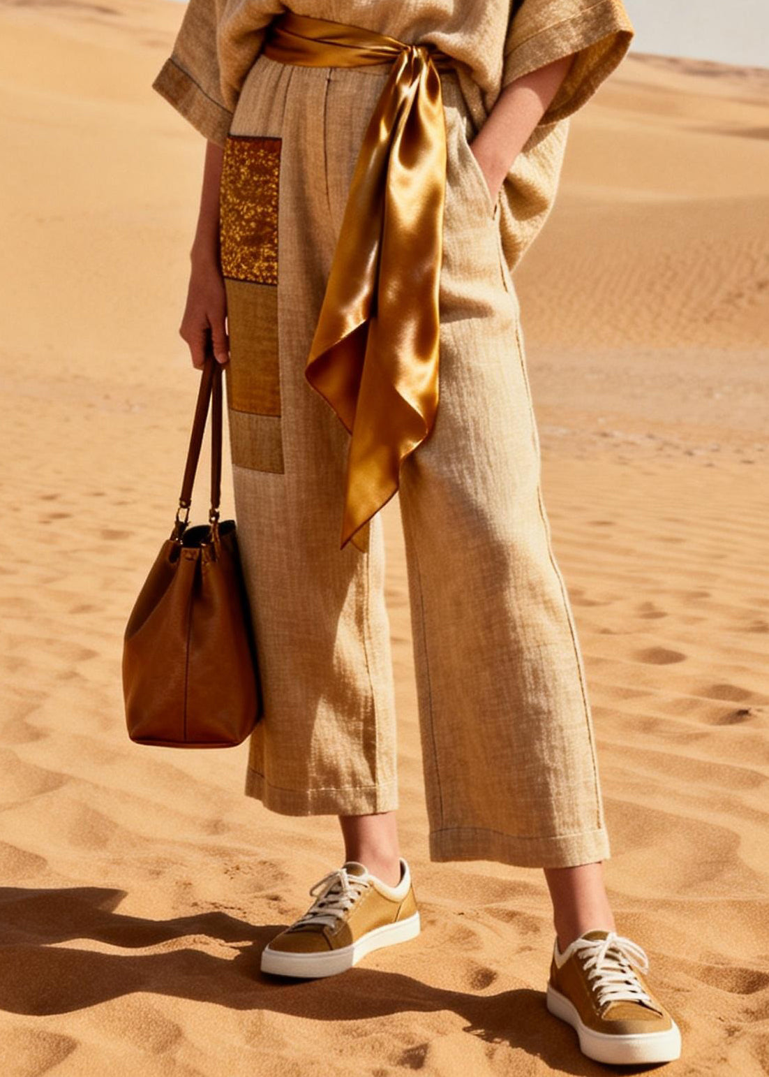 Women Khaki V Neck Pockets Tie Waist Patchwork Linen Jumpsuit Summer