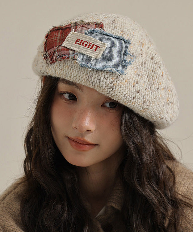 Women Khaki Versatile Patch Knit Breton Hat