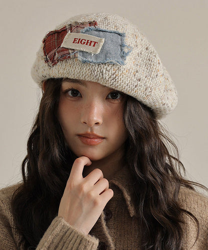 Women Khaki Versatile Patch Knit Breton Hat