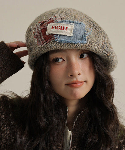 Women Khaki Versatile Patch Knit Breton Hat