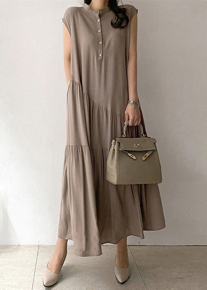 Women Khaki Wrinkled Button Pockets Cotton Long Dress Summer
