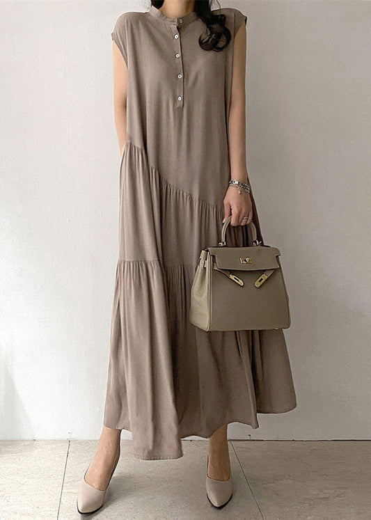 Women Khaki Wrinkled Button Pockets Cotton Long Dress Summer