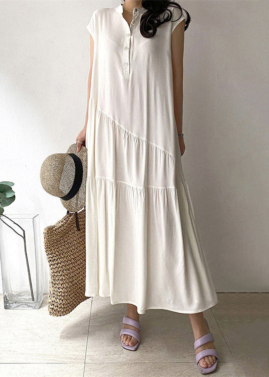 Women Khaki Wrinkled Button Pockets Cotton Long Dress Summer