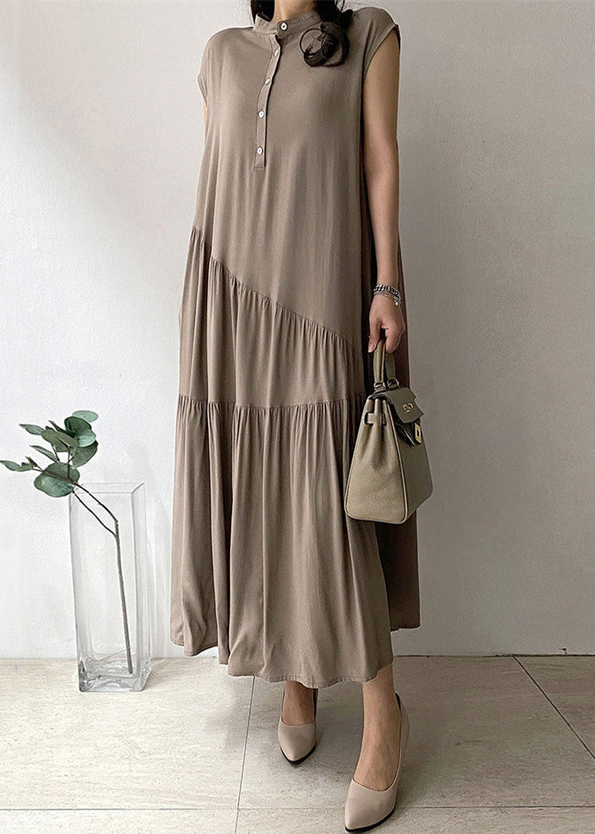 Women Khaki Wrinkled Button Pockets Cotton Long Dress Summer