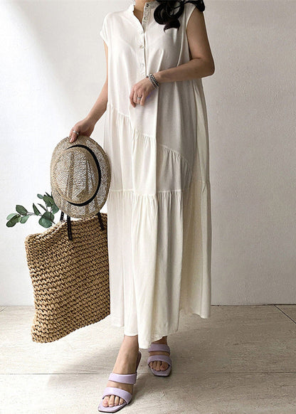 Women Khaki Wrinkled Button Pockets Cotton Long Dress Summer