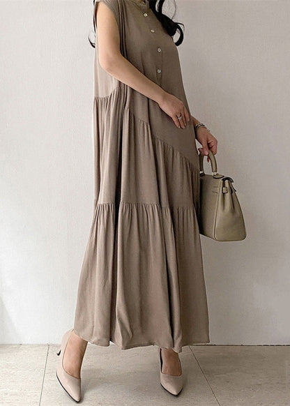 Women Khaki Wrinkled Button Pockets Cotton Long Dress Summer