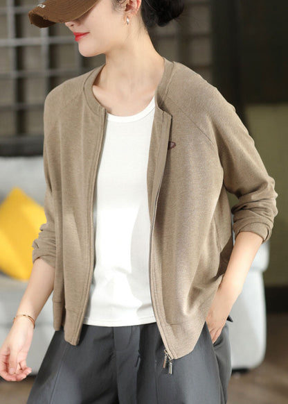 Women Khaki Zip Up Cotton Coat Fall