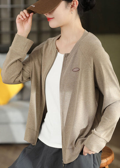 Women Khaki Zip Up Cotton Coat Fall
