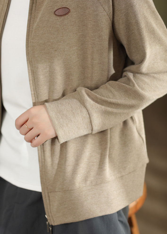 Women Khaki Zip Up Cotton Coat Fall