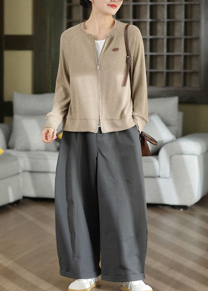 Women Khaki Zip Up Cotton Coat Fall