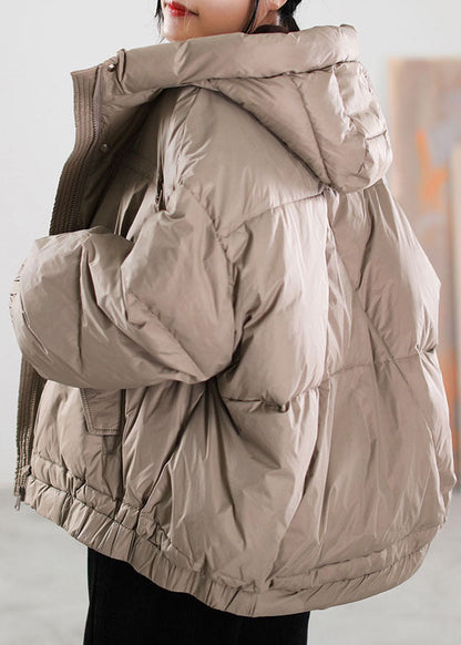 Women Khaki Zip Up drawstring Duck Down Puffer Jacket Winter