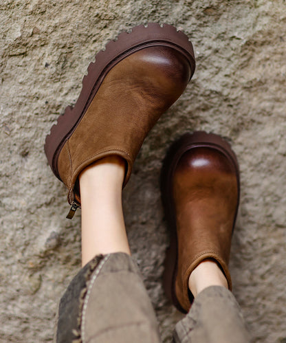 Women Khaki Zippered Splicing Platform Cowhide Leather Ankle Boots