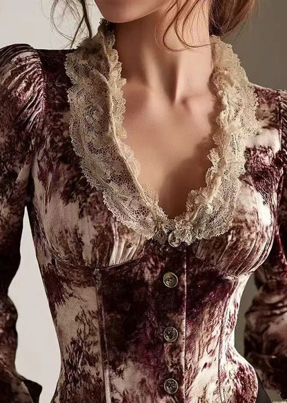 Women Lace Print Patchwork Cotton Tops Spring