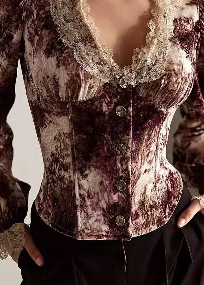 Women Lace Print Patchwork Cotton Tops Spring