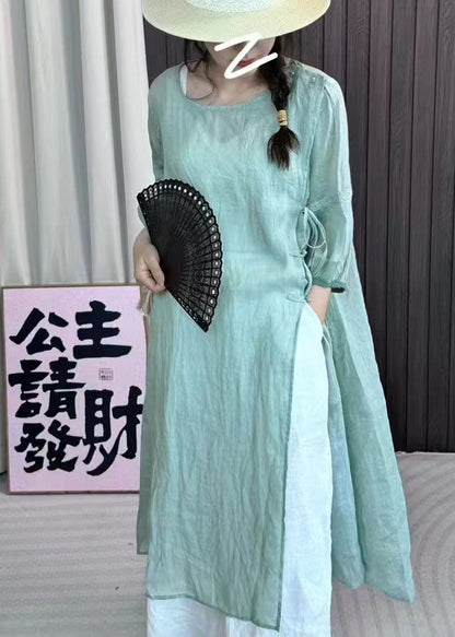 Women Lake Green Patchwork Lace Up Linen Dress Bracelet Sleeve