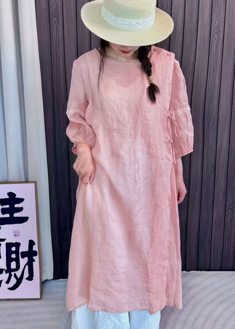 Women Lake Green Patchwork Lace Up Linen Dress Bracelet Sleeve