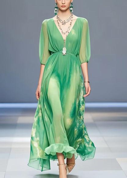Women Lake Green Tie Dye Chiffon Long Dress Summer