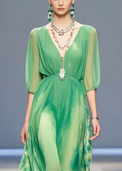 Women Lake Green Tie Dye Chiffon Long Dress Summer