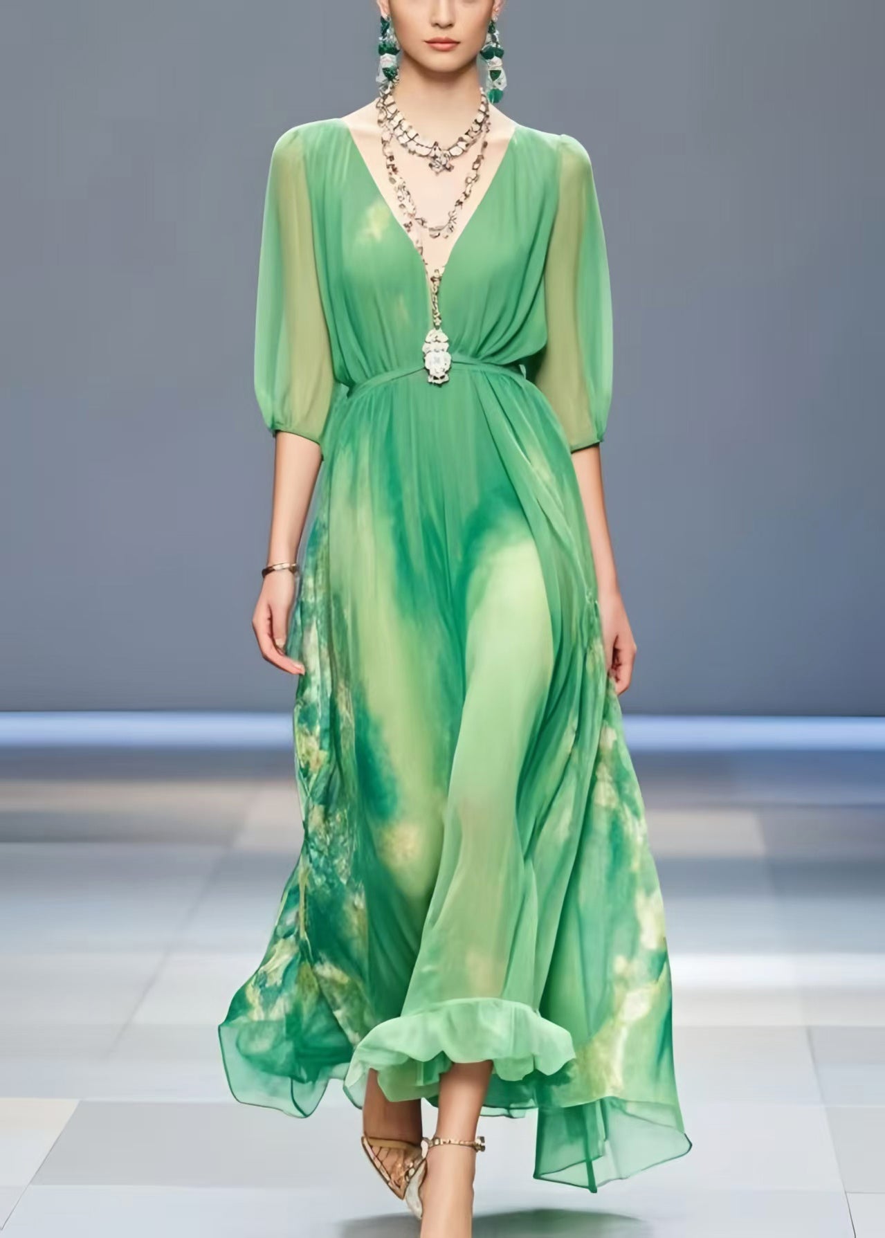 Women Lake Green Tie Dye Chiffon Long Dress Summer