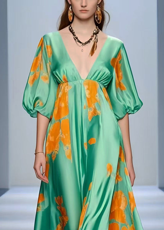 Women Lake Green V Neck Print Silk Holiday Dress Summer