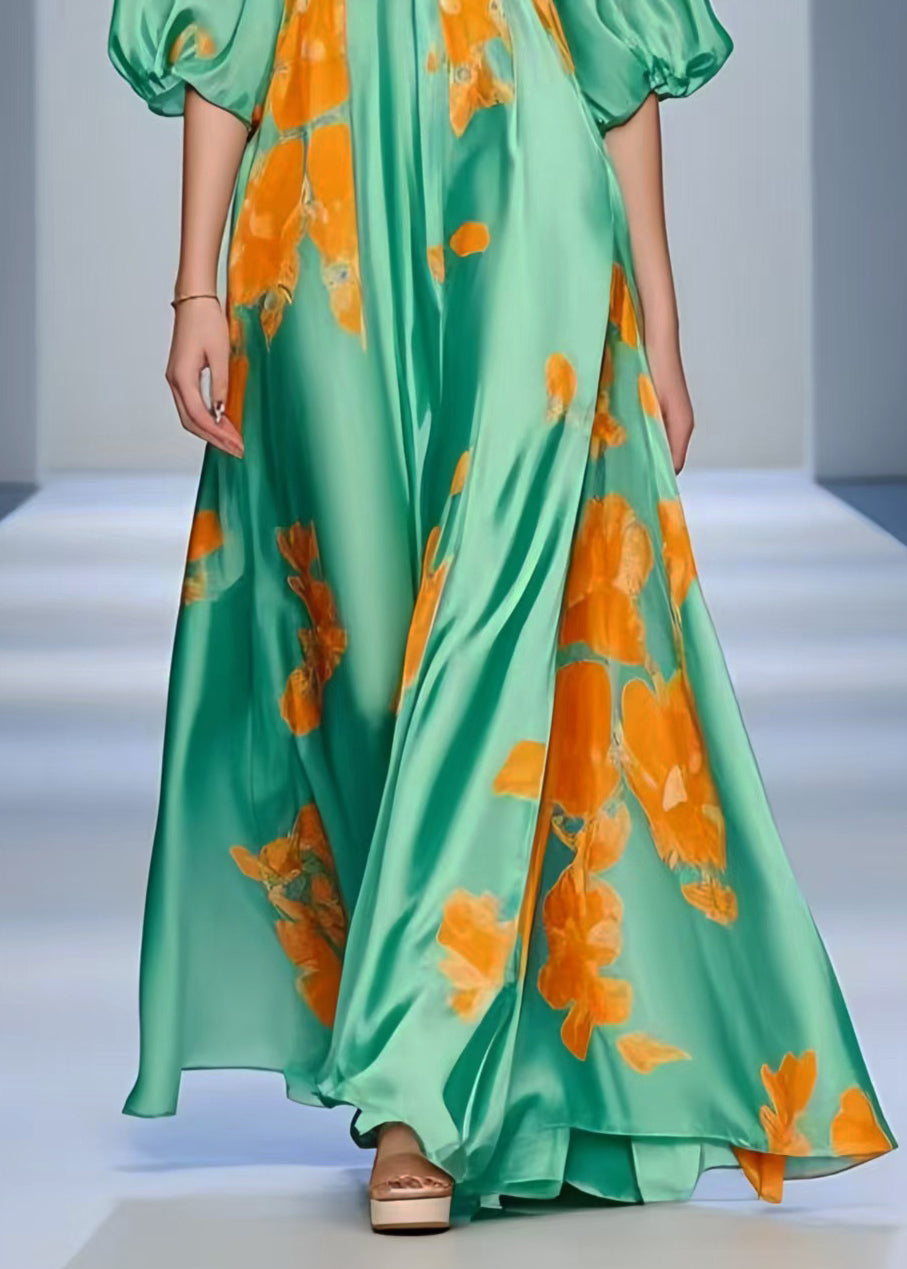 Women Lake Green V Neck Print Silk Holiday Dress Summer