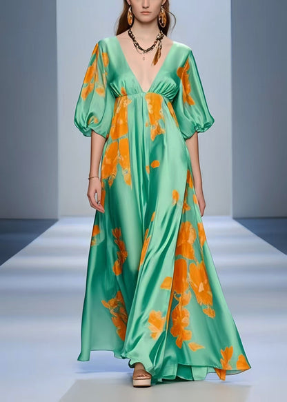 Women Lake Green V Neck Print Silk Holiday Dress Summer