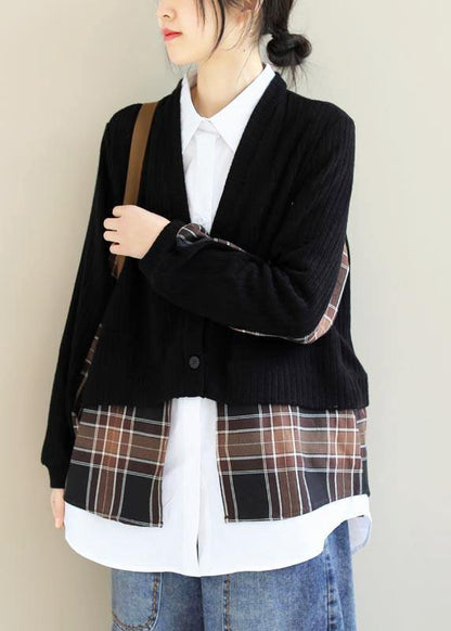 Women Lapel False Two Pieces Clothes Work Outfits Black Patchwork Top - SooLinen