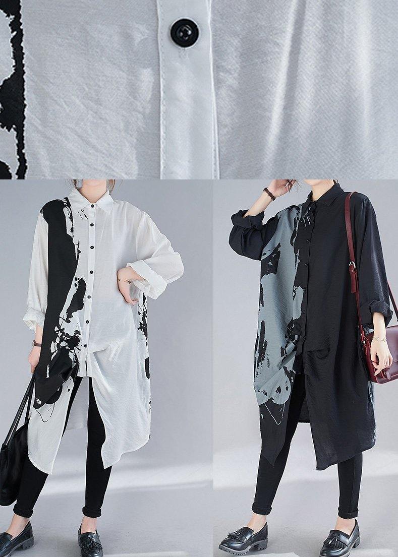 Women Lapel Patchwork Spring Clothes Design White Print Long Dress - SooLinen