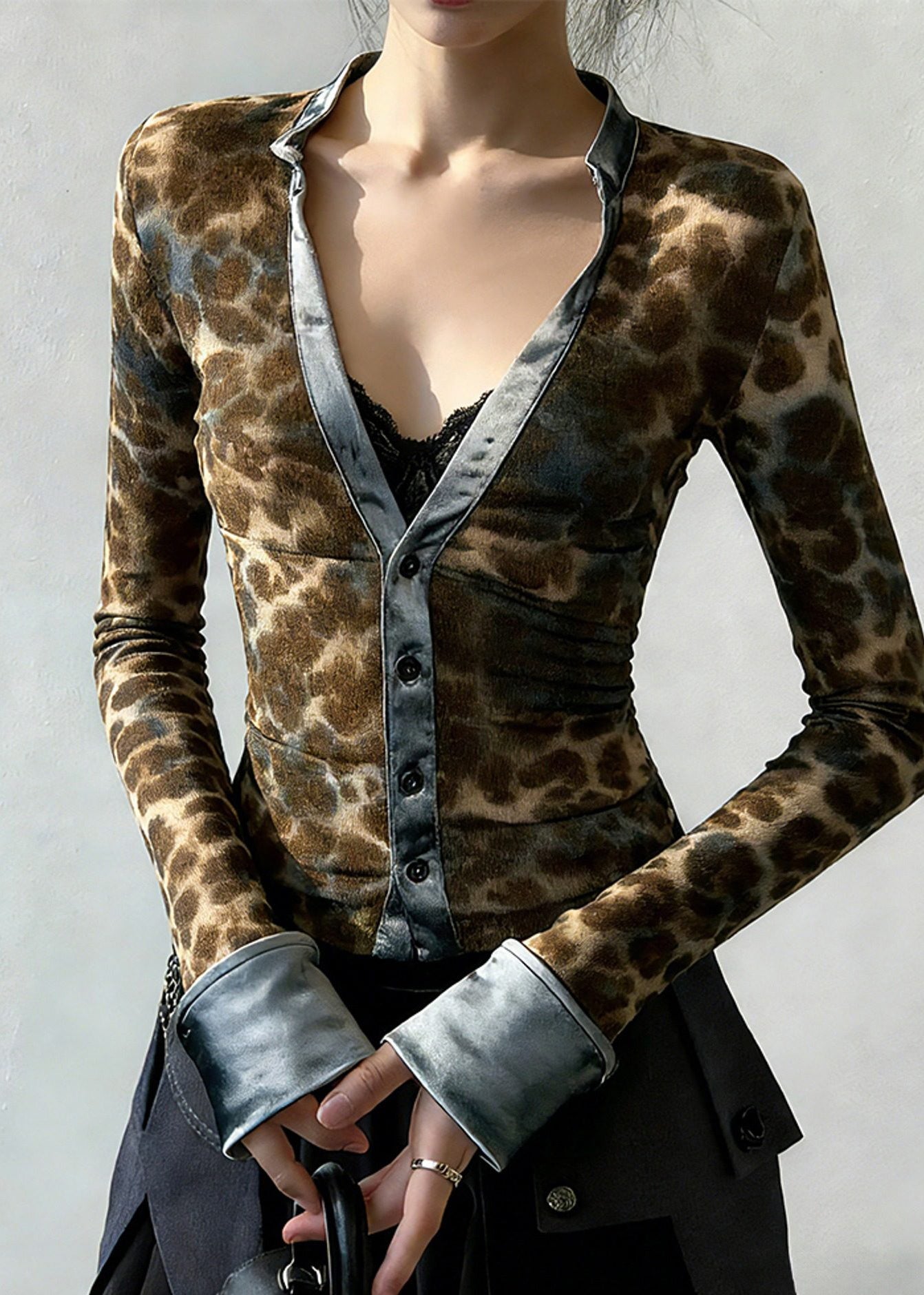 Women Leopard Print V Neck Patchwork Cotton Blouses Spring