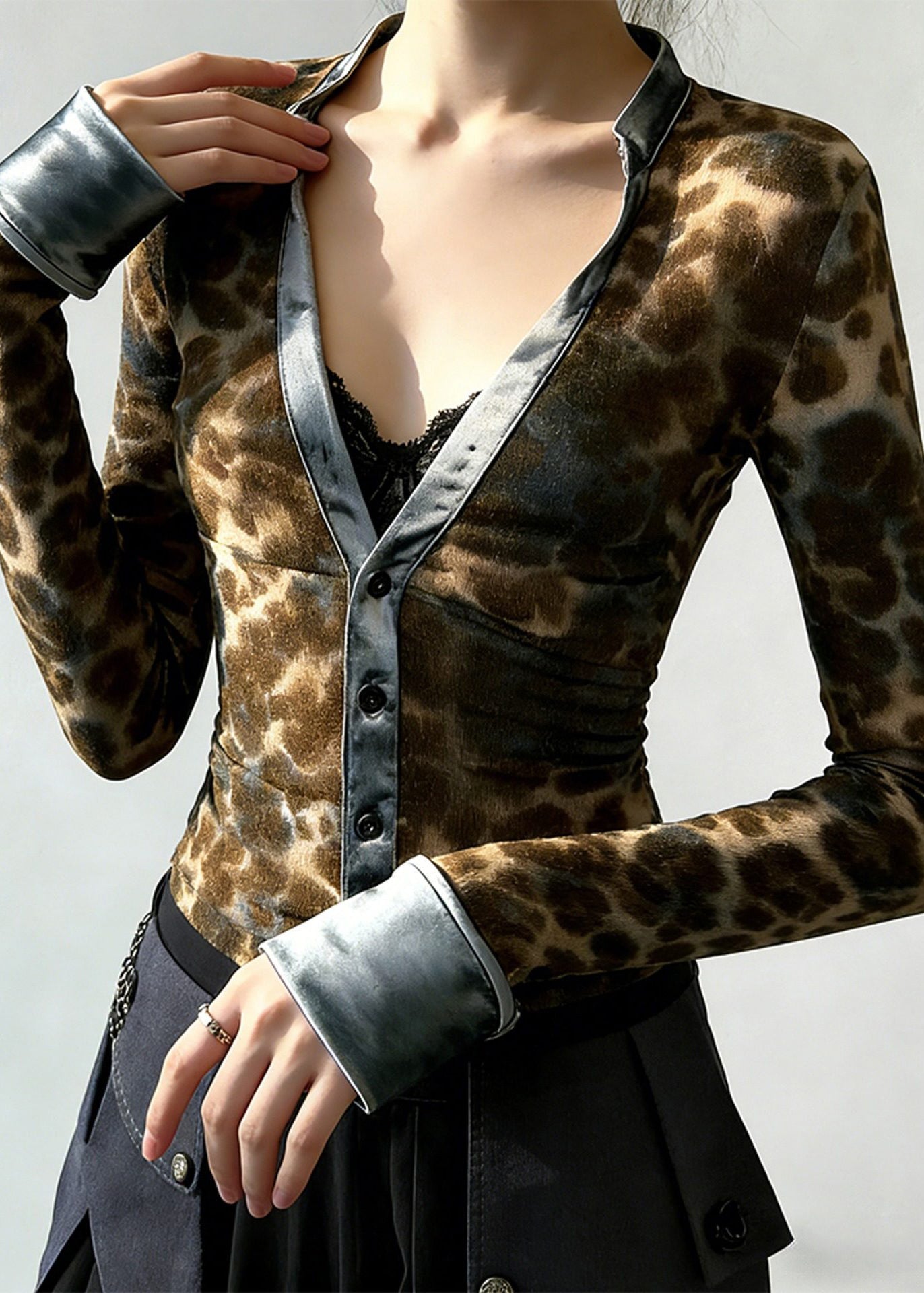 Women Leopard Print V Neck Patchwork Cotton Blouses Spring