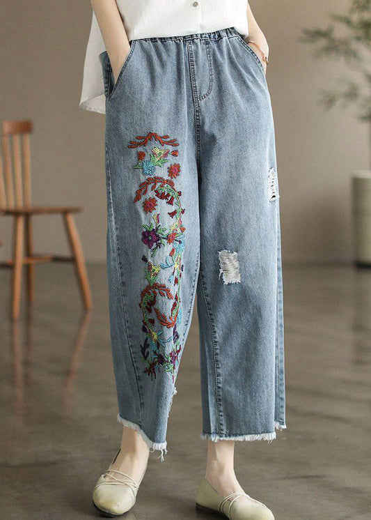 Women Light Blue Embroidered Pockets Patchwork Crop Jeans Summer