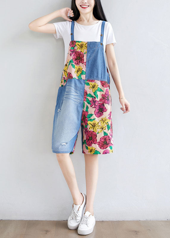 Women Light Blue Patchwork Print Cotton Overalls Jumpsuit Shorts Summer