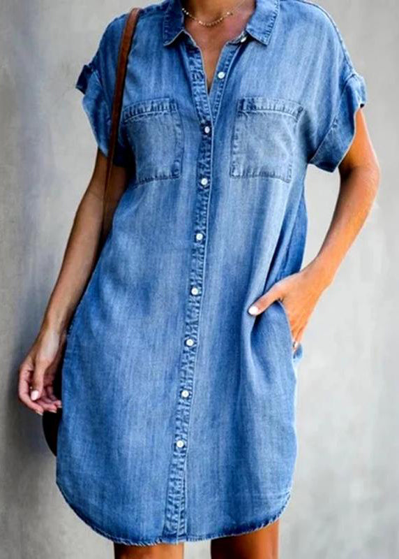 Women Light Blue Peter Pan Collar Button Denim Mid Shirt Dress Summer
