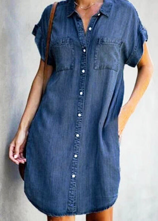 Women Light Blue Peter Pan Collar Button Denim Mid Shirt Dress Summer