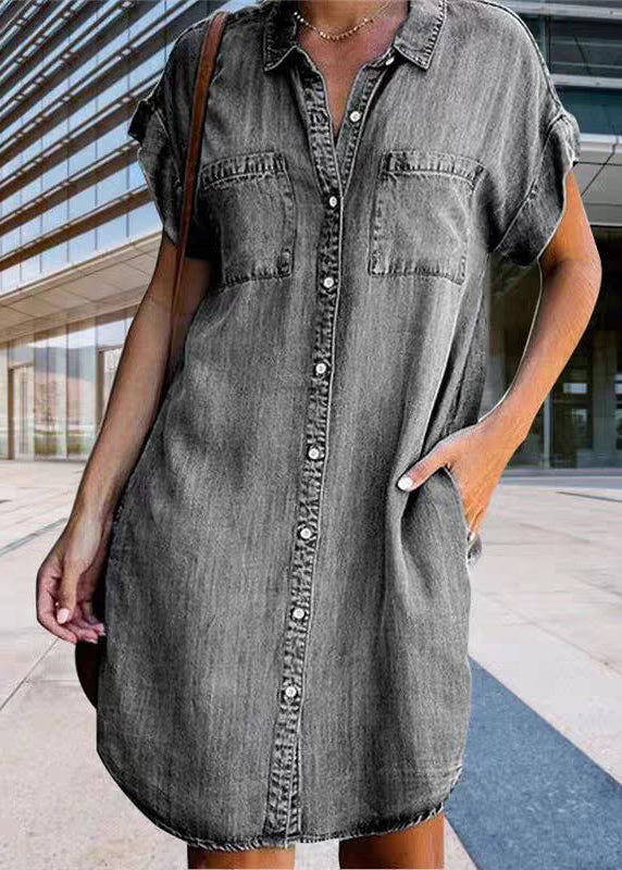 Women Light Blue Peter Pan Collar Button Denim Mid Shirt Dress Summer