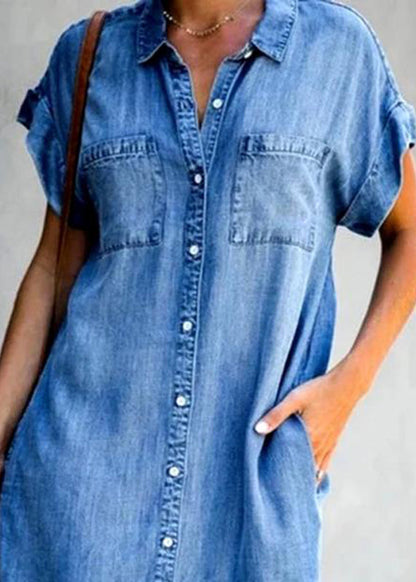 Women Light Blue Peter Pan Collar Button Denim Mid Shirt Dress Summer