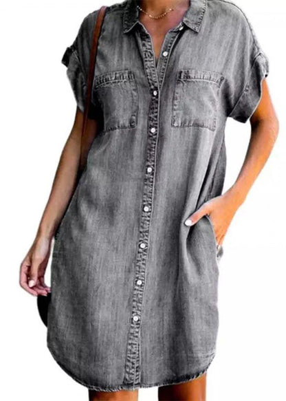 Women Light Blue Peter Pan Collar Button Denim Mid Shirt Dress Summer