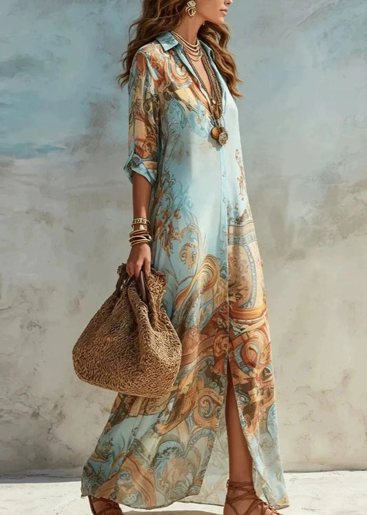 Women Light Blue Peter Pan Collar Print Chiffon Maxi Dress Summer